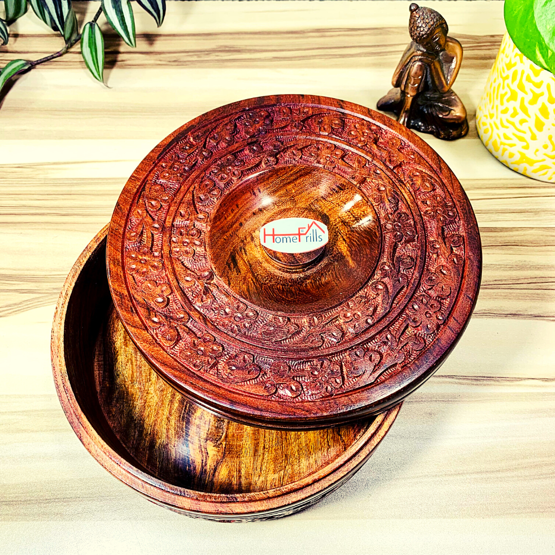 Homefrills Handicrafts Sheesham Wood Carved Floral Chapati/Roti Box, Casserole,Wooden hotpot roti Box,chapati Holder, Hot Case Roti Server for Kitchen,Dinning Table Tableware Serveware Size-20*20 cm